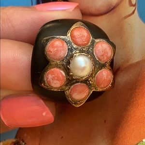 ISHARYA Pearl and synthetic Coral Ebony Wood Ring